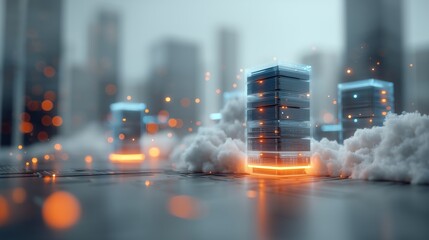 Vertical Server Structures with Glowing Lights in Cloud Environment Representing Data Infrastructure, Symbolic Connectivity and Conceptual Integration of Urban Technology