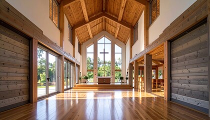 Spacious modern church interior with natural wood accents and large windows