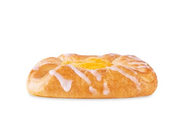 Danish pastry with caramelized orande slices on a white isolated background