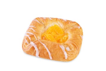 Danish pastry with caramelized orande slices on a white isolated background