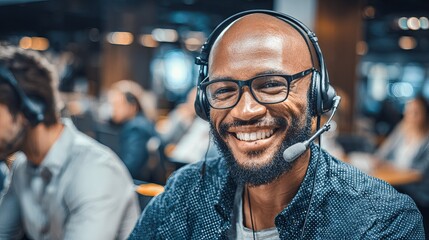 Smiling man with headset and glasses works in busy modern call center office