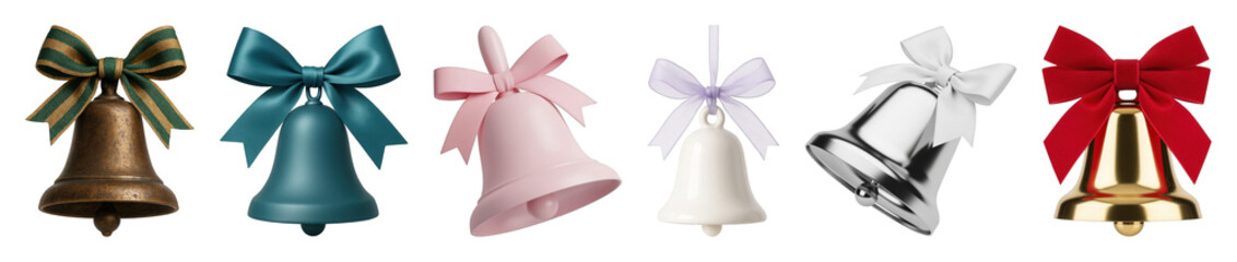 Decorative bells set including bronze, teal, pink, cream, silver, and gold variations isolated. Festive holiday celebration collection.