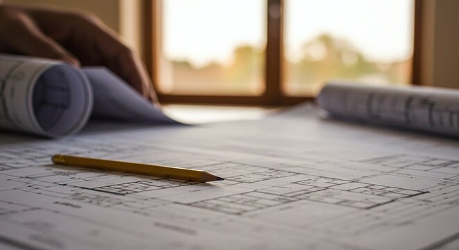 Architect or engineer working on blueprints with a pencil and drafting tools on a desk.Concept of architectural design and project planning.