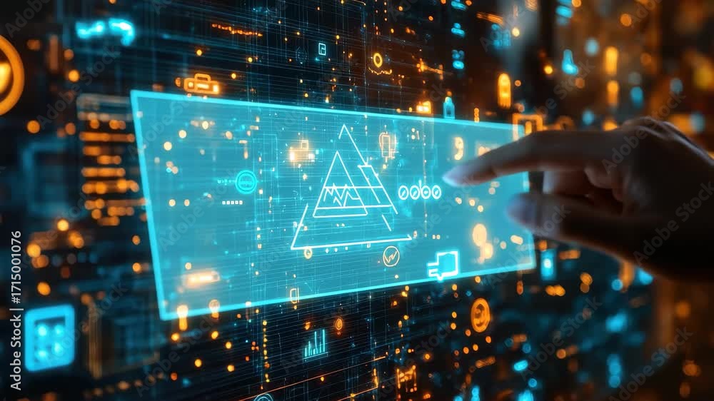 Poster digital interface with glowing icons and a hand interacting in a high-tech environment during the ev