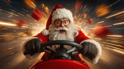Funny Santa Claus driving a red car at high speed with surprised face, dynamic motion blur lights in background, festive Christmas holiday concept with humor and celebration energy