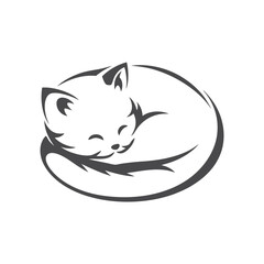 Simplified feline portrait showcases a curledup, sleeping cat with a peaceful smile rendered in monochrome
