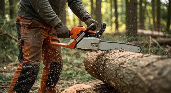 Worker cutting a large log with a chainsaw, with sawdust flying and safety gear visible.Concept of forestry and heavy-duty woodworking.