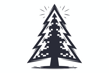 Fototapeta premium Single pine tree with pixels and light rays in dark silhouette against white
