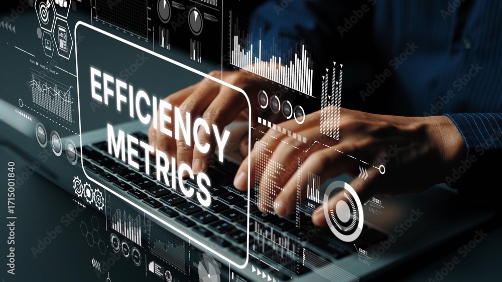 Aufkleber Business professional analyzing efficiency metrics with digital graphs and statistics on a laptop in a modern office environment. Asymptotic smart data analytic.