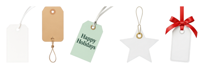 Gift tags set including white, kraft, mint green, star, and bow designs isolated. Retail, gifting, and holiday label collection.