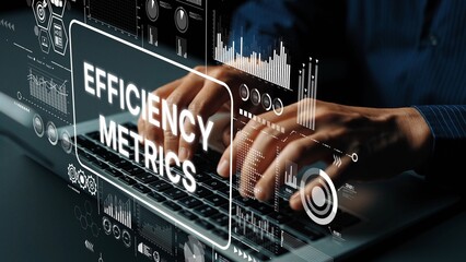 Business professional analyzing efficiency metrics with digital graphs and statistics on a laptop in a modern office environment. Asymptotic smart data analytic.