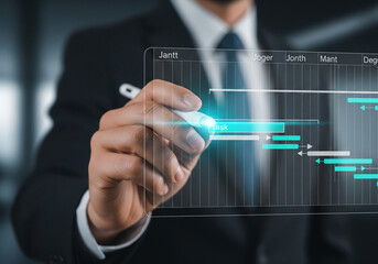 Obraz premium Businessman Managing Project Timeline Gantt Chart Digital Task