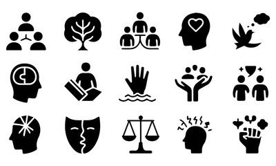 Obraz premium Psychology and Mental Health Glyph Icon Set – Therapy, Counseling, Meditation, Support, Human Mind Symbols