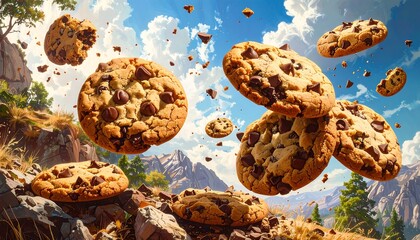 Flying chocolate chip cookies against a backdrop of mountains and a vibrant sky