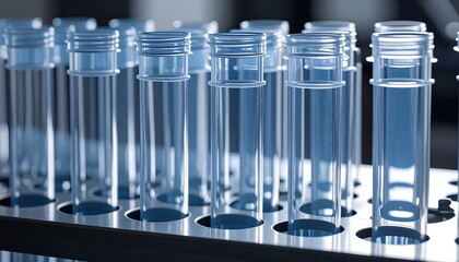 Rows of test tubes in a rack, filled with a light blue liquid