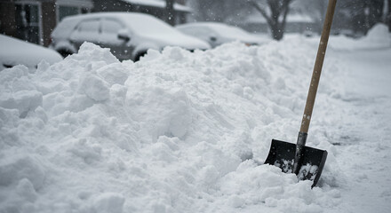 Snow shovel resting in deep snow on residential street in winter  