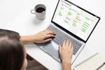Fototapeta premium Project planning software for brisk business project management on the computer screen showing timeline chart of the team project