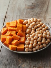 Fresh sweet potato cubes and chickpeas on a rustic wooden table for healthy meal prep or plant-based recipes