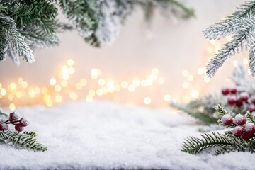 Frosted pine branches and red berries frame a snowy surface with glowing festive lights in the...
