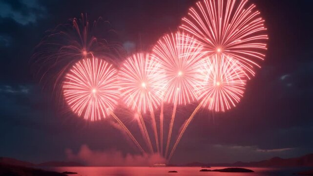 Concept F4 View of The Realistic Fireworks in Night Sky with Random Pattern Explosion Sparks Animation and Color Change