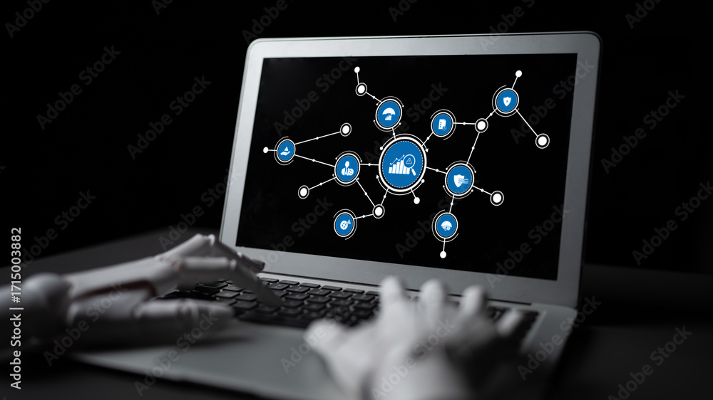 Poster futuristic scene featuring a laptop displaying a complex data network with a robotic hand interactin