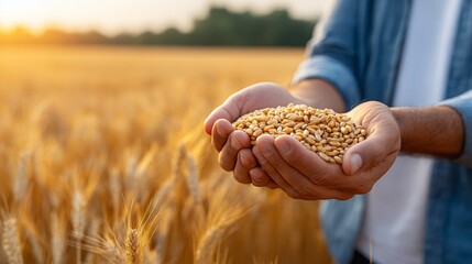 Man farmer holding ripe wheat grain in hands. Concept of harvest, agriculture and food production in golden field at sunset.