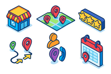 Naklejka premium isometric local business and contact icon set , storefront, map with pins, star rating, route, user pin, calendar pin