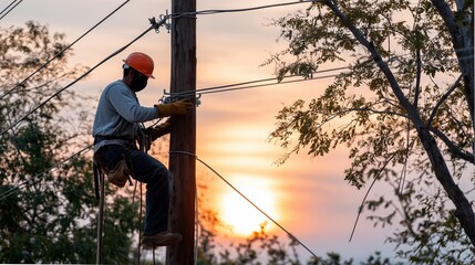 Lineman repairing wires on power pole with beautiful sunset background. Electrician working at height to restore electric service, maintenance concept.