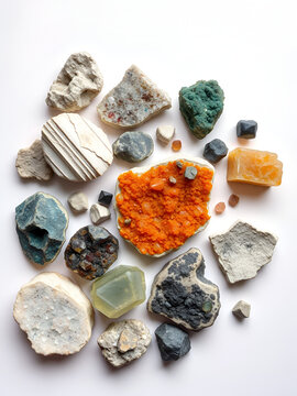 collection of diverse natural minerals titanium ores knopite perovskite titanite sphene ilmenorutile rutile on white backdrop
