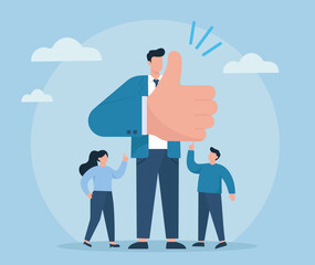 Teamwork and leadership shine as a central figure gives a bold thumbs-up, supported by peers pointing upward in shared approval.