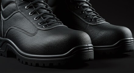 Close-up of a rugged black leather work boot, highlighting its durable safety features.Concept of professional footwear and personal protection.