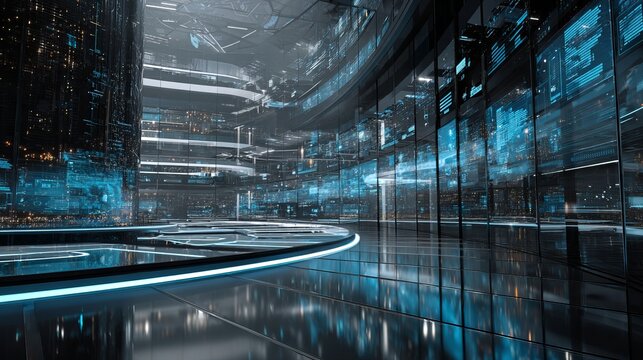 Dynamic futuristic cityscape with glowing data displays and sleek modern architecture