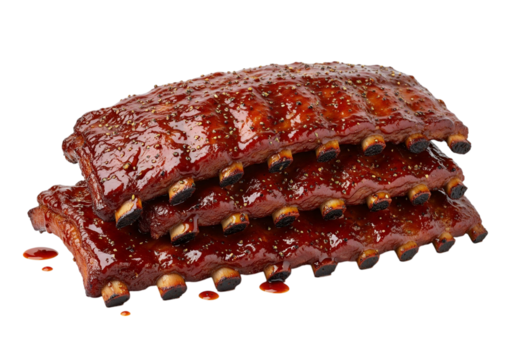 A close-up studio shot of a stack of three racks of delicious barbecue pork ribs, coated in a glossy, dark red sauce, isolated on a white background.