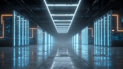 Futuristic server room with glowing blue and orange lights creating a modern data center atmosphere