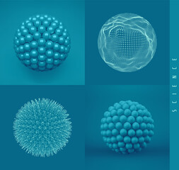 Molecule. A sphere of small balls. Structure of molecule. Design element. Grid. Scientific illustration. 3D vector for brochure, poster, presentation, flyer.