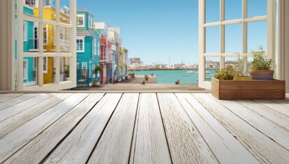 Whitewashed wood floor, open window, harbor view