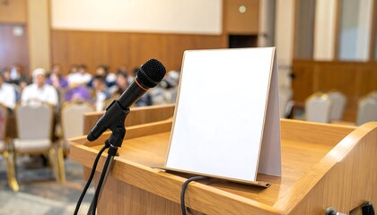 Conference room podium with blank sign