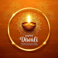 Happy diwali greeting with a lit diya lamp, mandala, and fireworks on orange background
