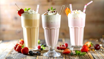 Three milkshake glasses, topped with whipped cream and fresh fruit