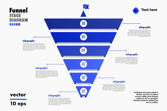 Funnel infographic vector template 6 steps modern 3d style for presentation, start up project, business strategy, theory basic operation, logic analysis 10 eps