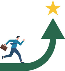 Flat vector showing career growth—person climbs a rising arrow toward a star, symbolizing ambition, progress, and achievement.