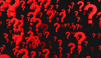 Red question marks scattered on a black background
