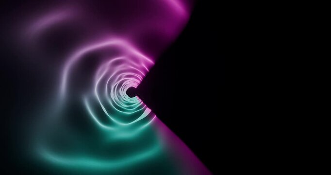 T&uacute;nel abstrato de luz magenta e teal com brilho suave, an&eacute;is org&acirc;nicos em movimento e corte geom&eacute;trico &agrave; direita sobre fundo preto &mdash; visual futurista/tech com amplo espa&ccedil;o negativo para t&iacute;tulos