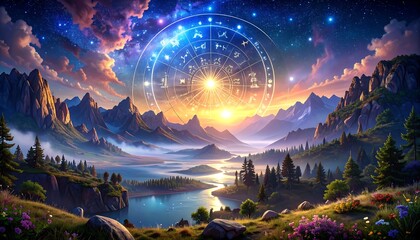 Sunrise over a mystical valley, celestial chart
