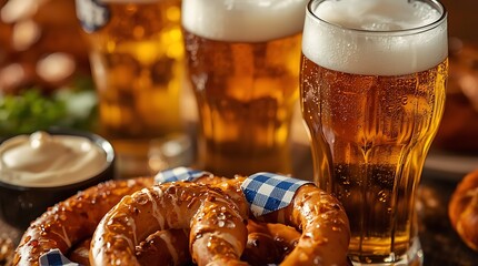 Golden beer and soft pretzels with creamy dip on a rustic table