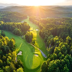 Panoramic view of a golf course at sunset
