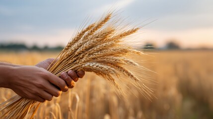 Man holding a bundle of golden wheat ears in a sunny rural field. Farmer harvesting cereals, agricultural concept for food production.