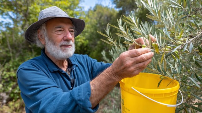 Man harvesting green olives from an olive tree branch into a yellow bucket. Rural farming, agriculture, and organic food concept.