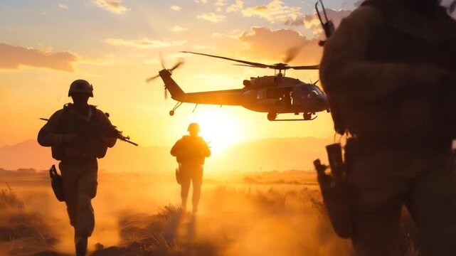 Soldiers in Desert with Helicopter at Sunset.