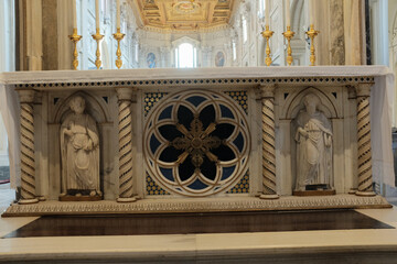 Archbasilica of Saint John Lateran interior Rome golden coffered ceiling marble columns statues ornate chapels baptistery and apse Catholic basilica Italy. High quality photo © Thao